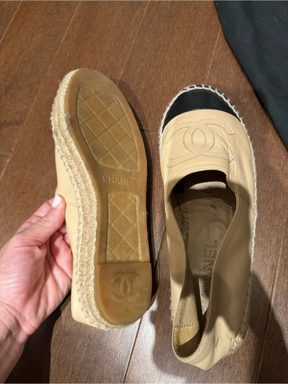 CHANEL Beige Leather Espadrilles with Black Cap Toe Size 36